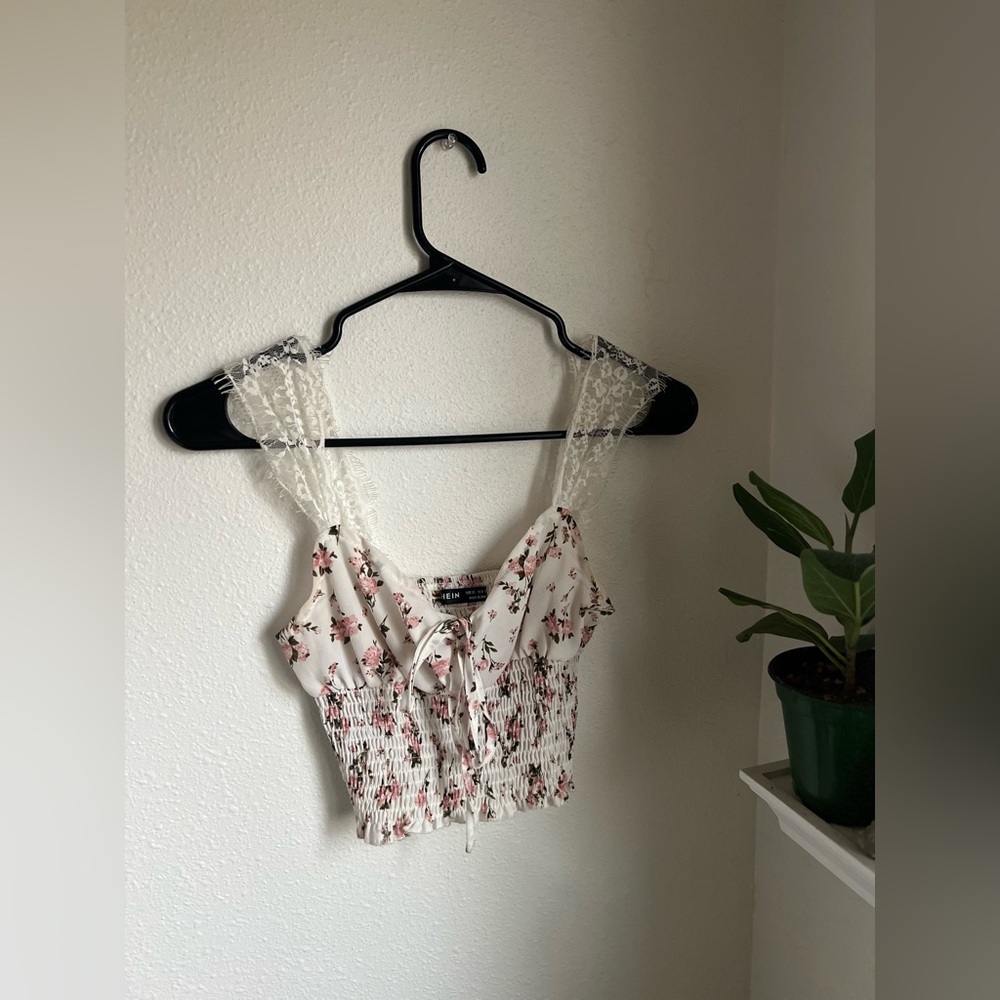 shein lace strap floral tank top tie front elastic middle country cowgirl top